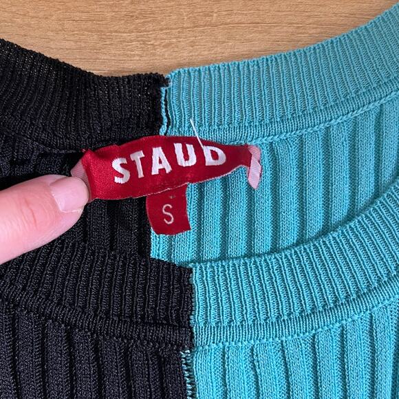 Staud Colleen Colorblock Ribbed Bodycon Dress Black Blue Womens Size Small - Picture 8 of 12